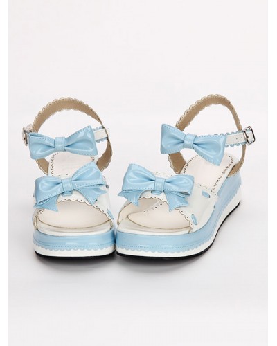 Sweet Lolita Shoes Open Toe Wedge Heel Bows Flat Blue Lolita Sandals