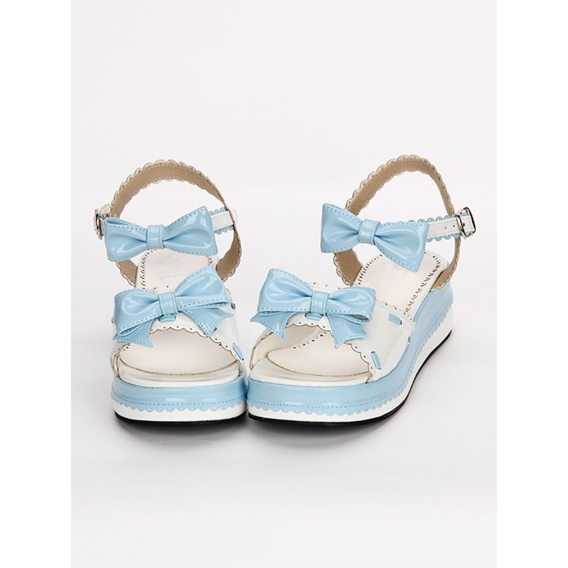 Sweet Lolita Shoes Open Toe Wedge Heel Bows Flat Blue Lolita Sandals