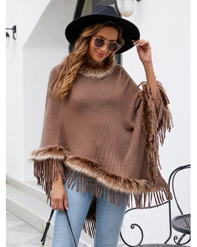 Women Poncho Jewel Neck Coffee Brown Poncho Fringe Cape Poncho  Cape Fall Winter Street Wear Daily Casual