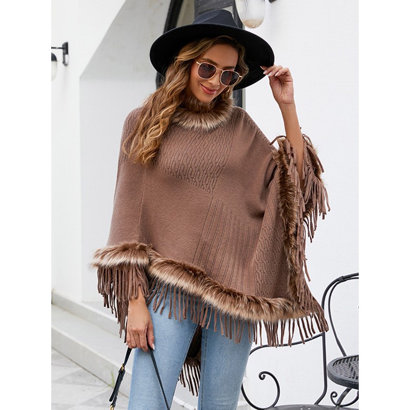 Women Poncho Jewel Neck Coffee Brown Poncho Fringe Cape Poncho  Cape Fall Winter Street Wear Daily Casual