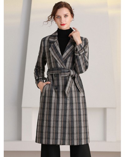 Women Woman Coat Plaid Turndown Collar Sash Chic Outerwear Trench Coats Fall Winter Street Wear Daily Casual Field