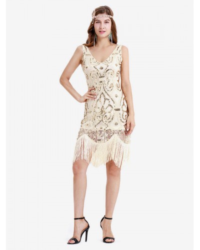 Great Gatsby Dress Apricot Fringe Sequins Vintage 1920s Fashion Style Flapper Dress Outfits Ball