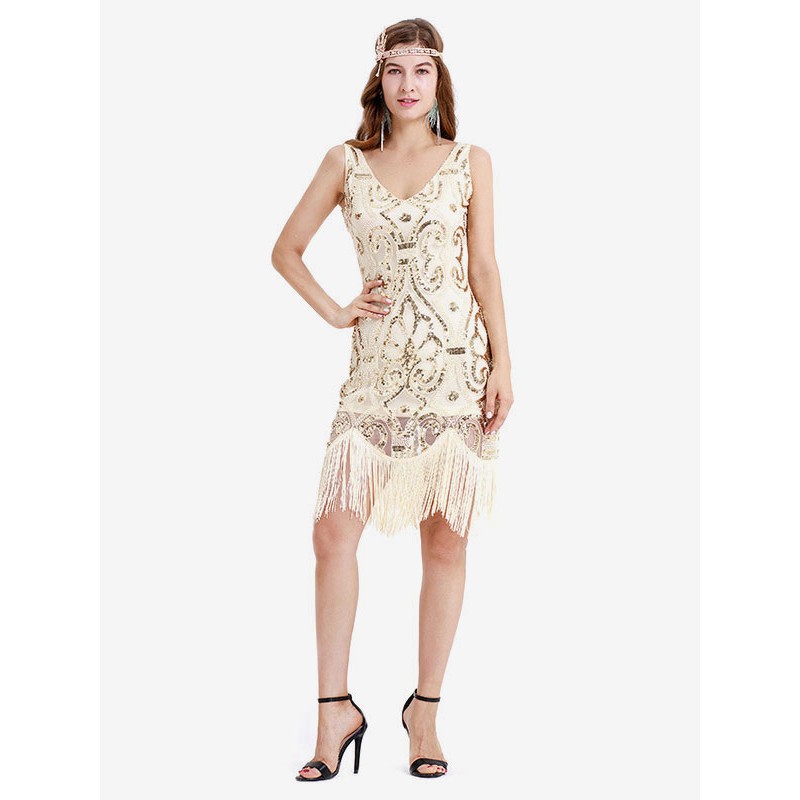 Great Gatsby Dress Apricot Fringe Sequins Vintage 1920s Fashion Style Flapper Dress Outfits Ball