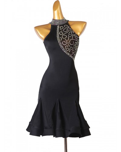 Latin Dance Dresses Black Women's Rhinestones Bodycon Polyester Dress Dancing Costume Sexy Ball