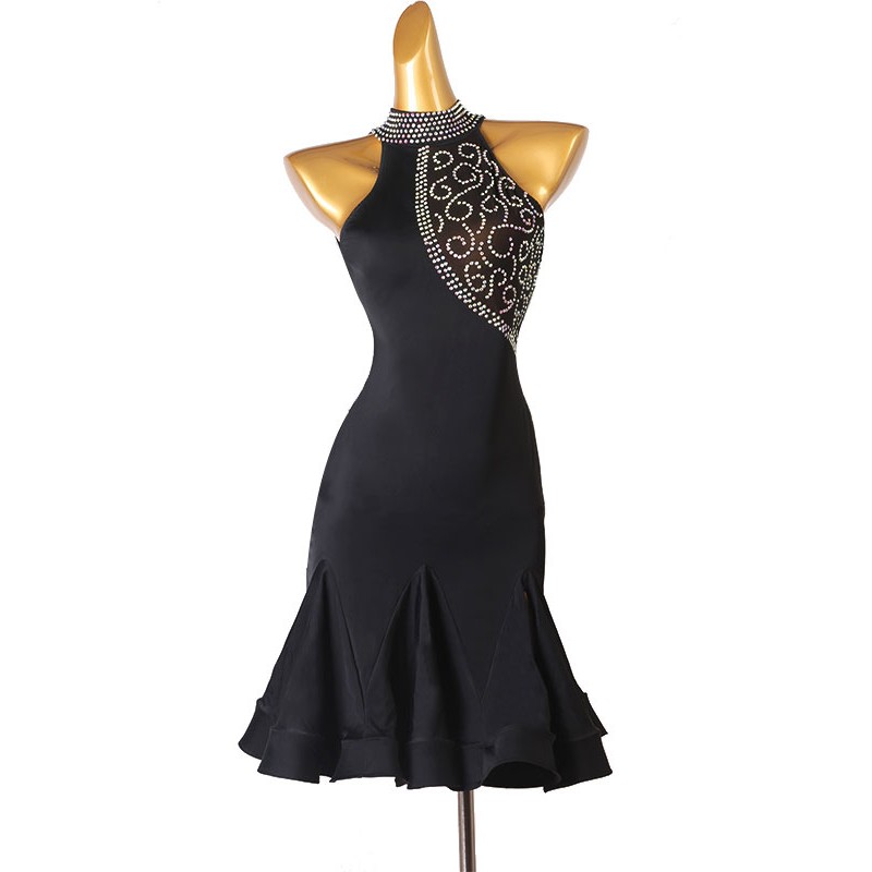 Latin Dance Dresses Black Women's Rhinestones Bodycon Polyester Dress Dancing Costume Sexy Ball