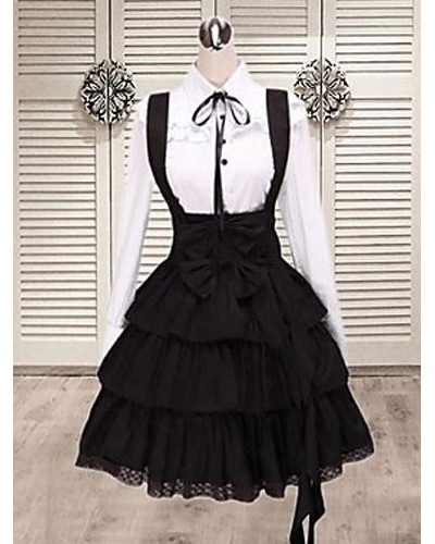 Black Cotton Straps Lolita Skirt Salopette Layered Ruffles Gothic Spring Daily Casual