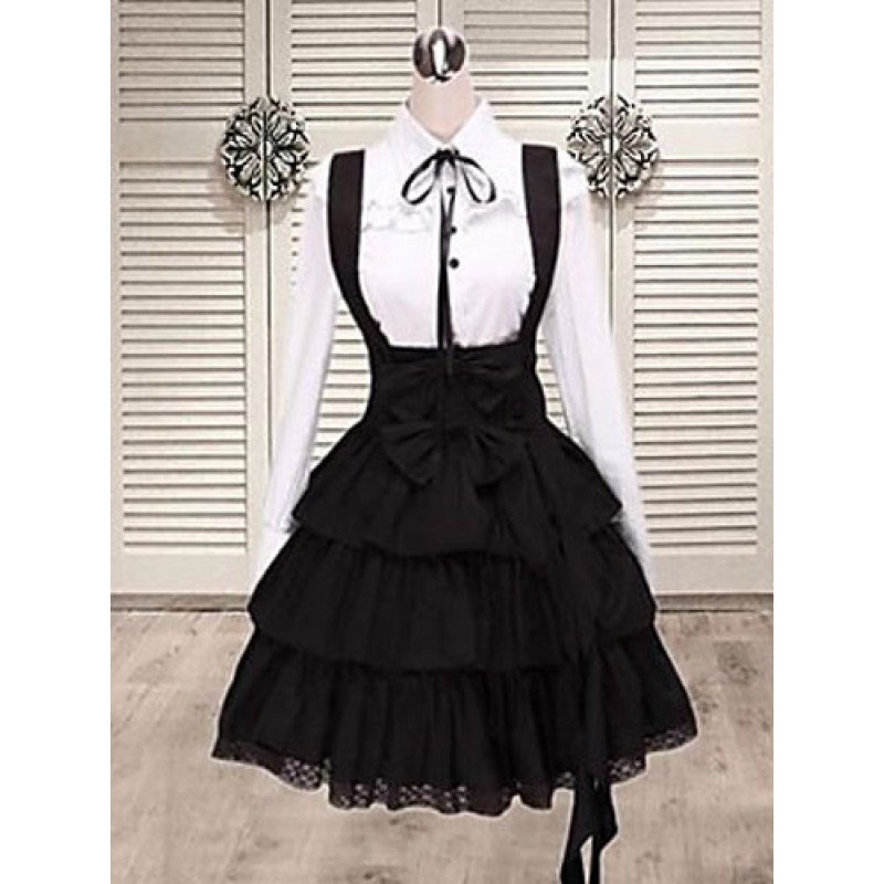 Black Cotton Straps Lolita Skirt Salopette Layered Ruffles Gothic Spring Daily Casual