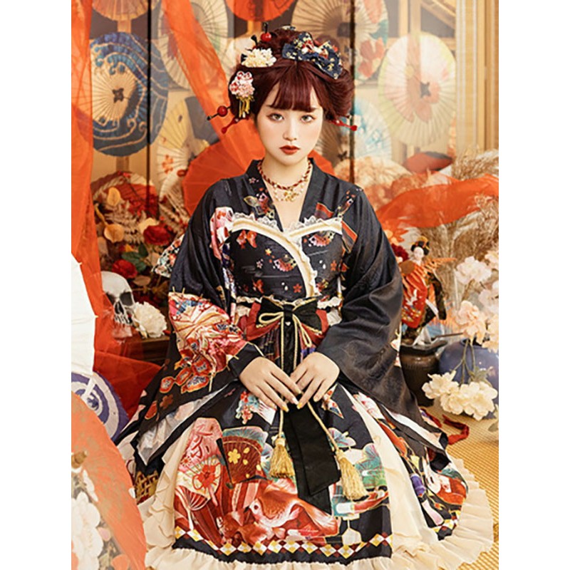 Wa Lolita JSK Dress Kimono Style Floral Print Long Sleeves Crochet Ruffles Taisho Style Lolita Dress