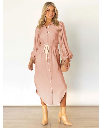 Women Maxi Dress Turndown Collar Long Sleeves Long Dress Casual Spring Fall