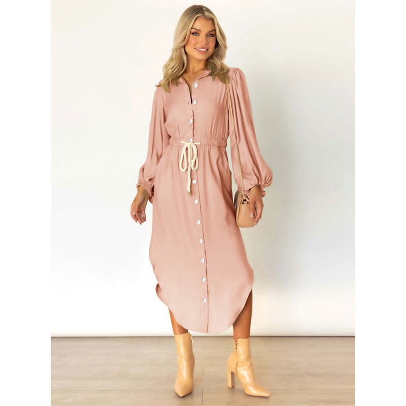 Women Maxi Dress Turndown Collar Long Sleeves Long Dress Casual Spring Fall