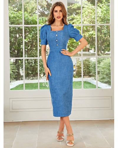 Women Dresses Blue Short Sleeves Buttons Elegant Square Neck Low-slit Midi Sheath Dress Bodycon Street Wear Daily Casual Office  Career