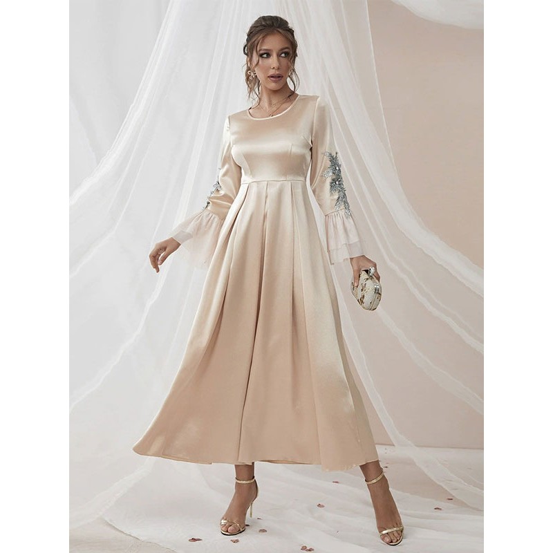 Maxi Dress Apricot Long Sleeves Embroidered Long Prom Dress Elegant Daily Casual