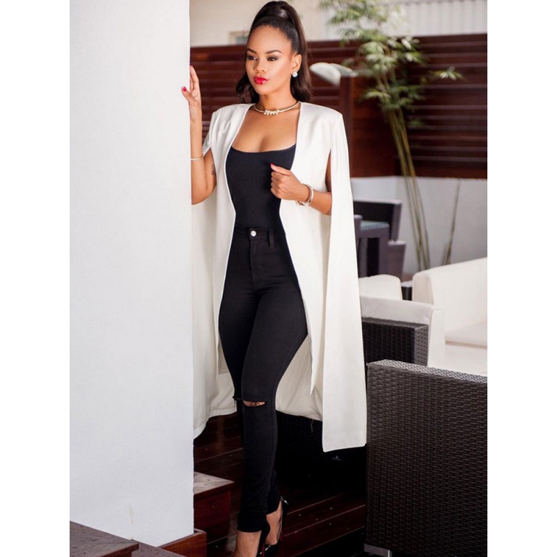 Women White Poncho Long Sleeve Irregular Cape Blazer Casual