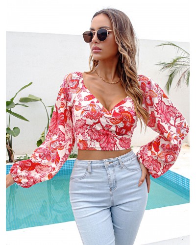 Women Shirt Red Floral Print V-Neck Long Sleeves Tops Sexy Spring Summer Fall