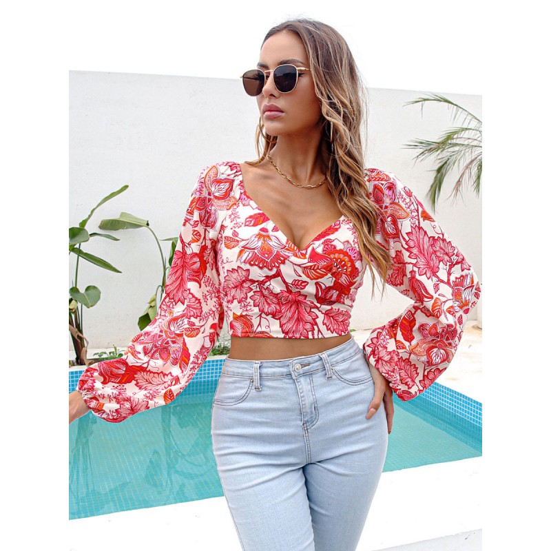 Women Shirt Red Floral Print V-Neck Long Sleeves Tops Sexy Spring Summer Fall