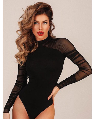 Women Long Sleeves Bodysuit Black Stretch Jewel Neck Chic Polyester Top Sexy Chic  Modern Street Wear Daily Casual