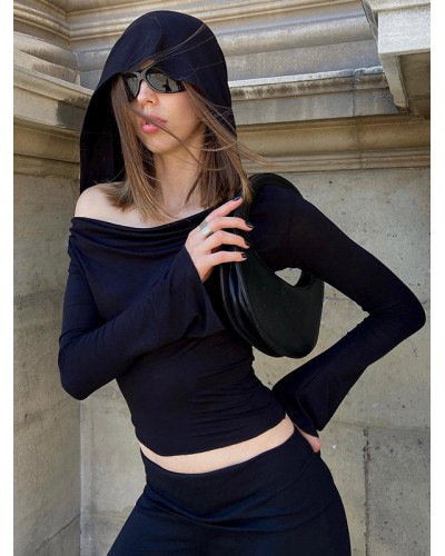 Women Long Sleeves Tees Black Polyester Hooded Tee Shirt Chic  Modern Casual Spring Fall