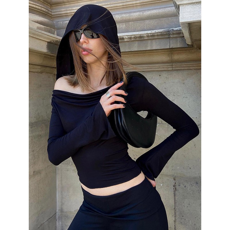 Women Long Sleeves Tees Black Polyester Hooded Tee Shirt Chic  Modern Casual Spring Fall