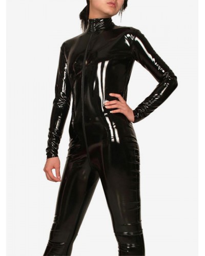 Unisex Black Long Sleeves Shiny Metallic Fabric Catsuit Front Zipper Body Suit Solid