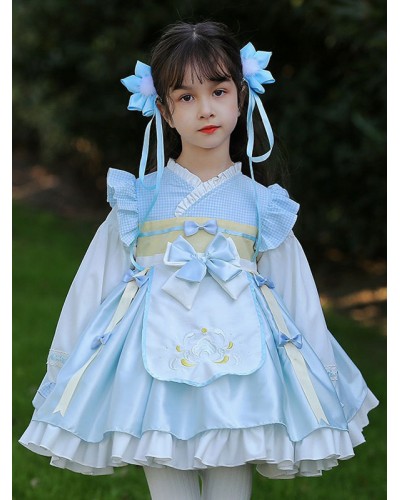 Polyester Daily Casual Bows Long Sleeves Cotton Fall Dress Plaid Chinese Style Light Sky Blue Kids' Lolita Dresses Chinese Style