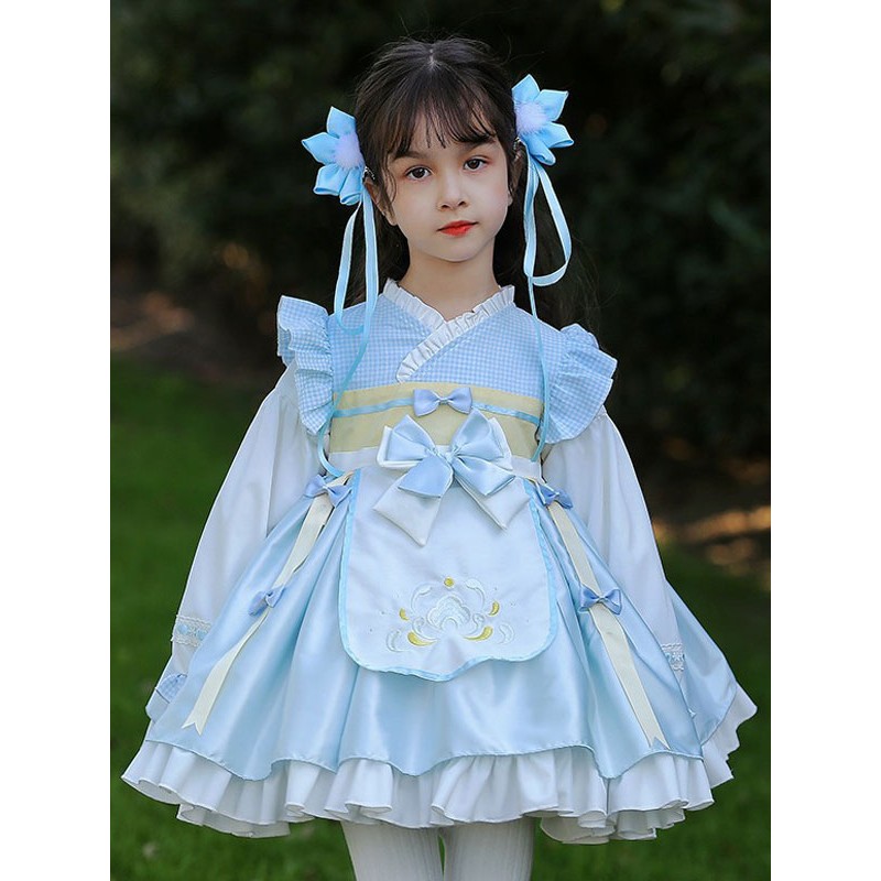 Polyester Daily Casual Bows Long Sleeves Cotton Fall Dress Plaid Chinese Style Light Sky Blue Kids' Lolita Dresses Chinese Style