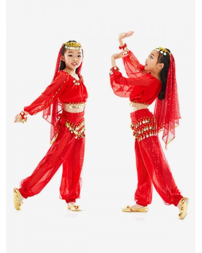 Kids Halloween Costumes Red Christmas Polyester Fiber Chiffon Set Kid's Waist Chain Headwear Family Celebration Ball Belly Dancing