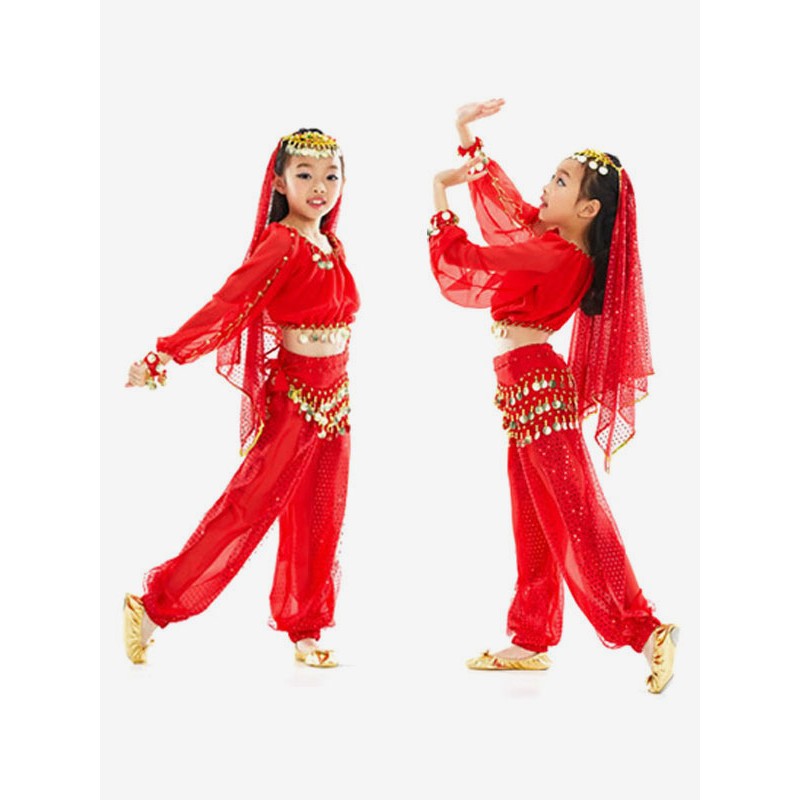 Kids Halloween Costumes Red Christmas Polyester Fiber Chiffon Set Kid's Waist Chain Headwear Family Celebration Ball Belly Dancing