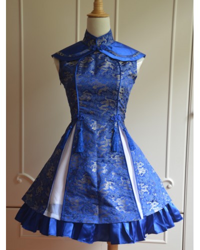 Classic Blue Qi Lolita Dress Sleevesless Lace Up Printed Satin Chinese Style Summer Daily Casual Tea Party