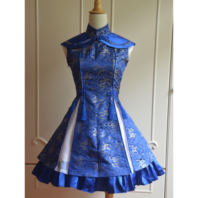 Classic Blue Qi Lolita Dress Sleevesless Lace Up Printed Satin Chinese Style Summer Daily Casual Tea Party