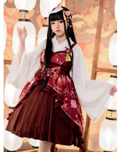 Japanese Style Lolita JSK Dress Burgundy Ruffles Sleeveless Polyester Lolita Jumper Skirts Kimono Spring Summer Daily Casual