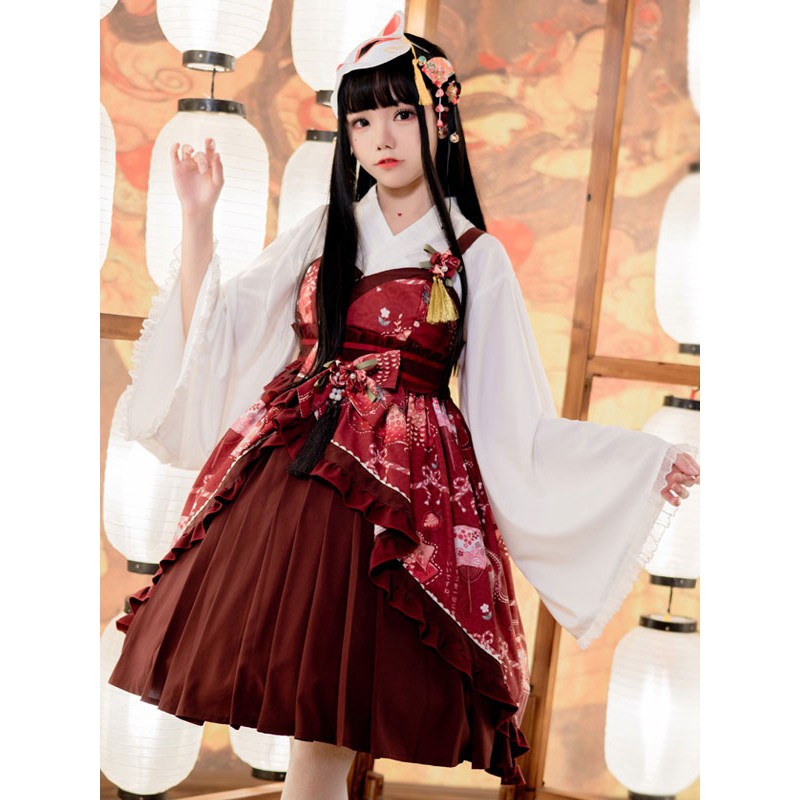 Japanese Style Lolita JSK Dress Burgundy Ruffles Sleeveless Polyester Lolita Jumper Skirts Kimono Spring Summer Daily Casual