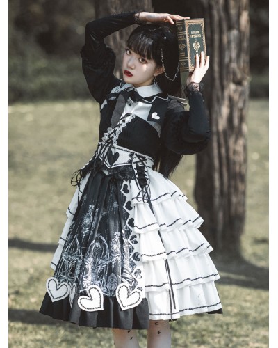 Classical Lolita OP Dress Black Lace Bows Criss-Cross Long Sleeve Lace Up Lolita One Piece Dress