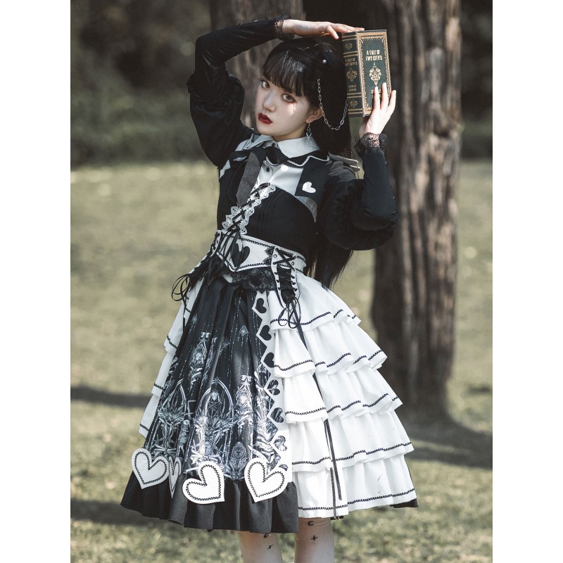 Classical Lolita OP Dress Black Lace Bows Criss-Cross Long Sleeve Lace Up Lolita One Piece Dress