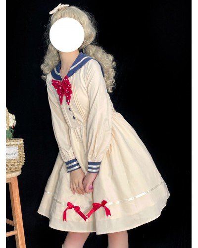 Sweet Lolita Dress Polyester Long Sleeves Bows Navy Style Dress Lolita Dress