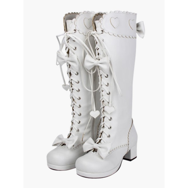 Sweet Matte White Lolita Boots Chunky Square Heels Bows Decor Shoelace