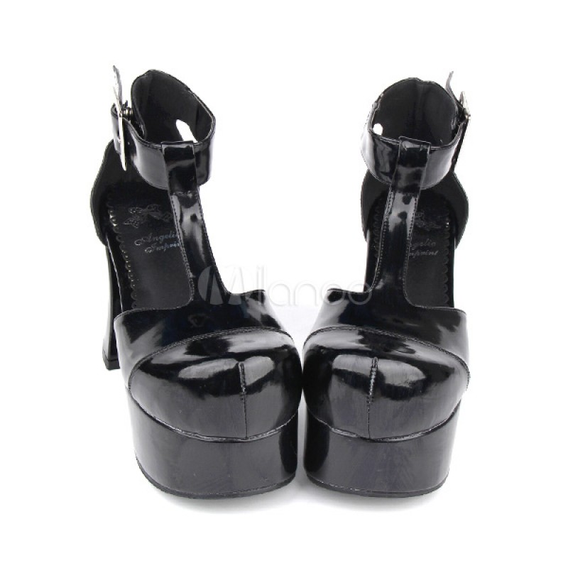 Glossy Black Lolita Sandals High Chunky Heels Platform Shoes Ankle Strap Buckle