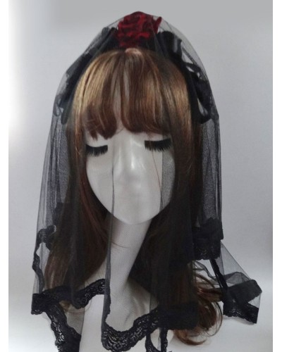 Gothic Lolita Headdress Tulle Lace Flower Black Lolita Veil Sets Tea Party