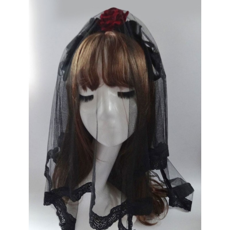 Gothic Lolita Headdress Tulle Lace Flower Black Lolita Veil Sets Tea Party