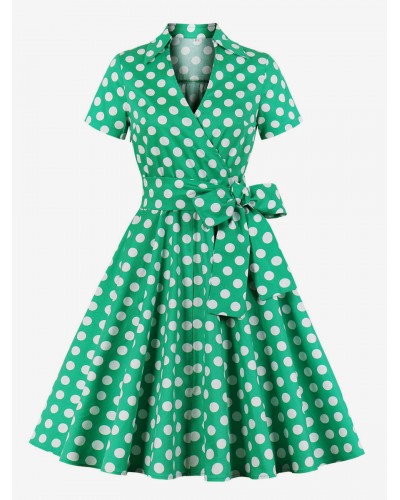 Women Dress 1950s Audrey Hepburn Style V-Neck Short Sleeves Green Knee Length Polka Dot Fit And Flare Dress Vintage Daily Casual