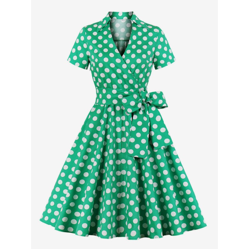 Women Dress 1950s Audrey Hepburn Style V-Neck Short Sleeves Green Knee Length Polka Dot Fit And Flare Dress Vintage Daily Casual