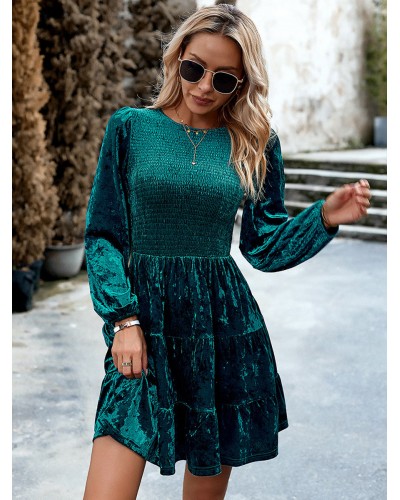 Women Mini Dresses Velvet Black Long Sleeves Pleated Velour Jewel Neck Dress Chic  Modern Casual Spring Fall Winter