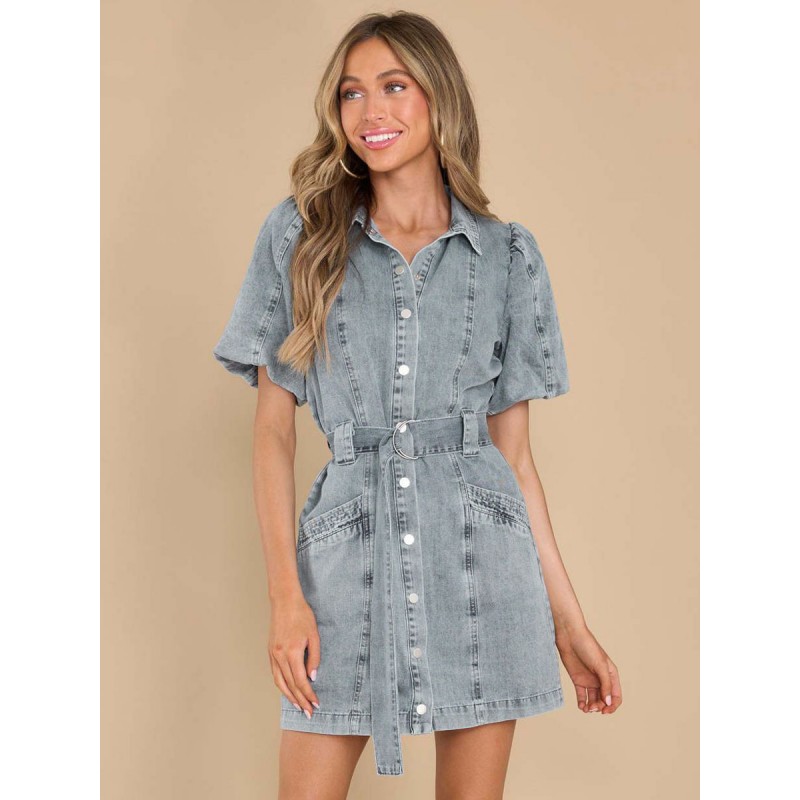 Mini Dresses Light Sky Blue Turndown Collar Sash Denim Beach Dress Summer Street Wear Daily Casual