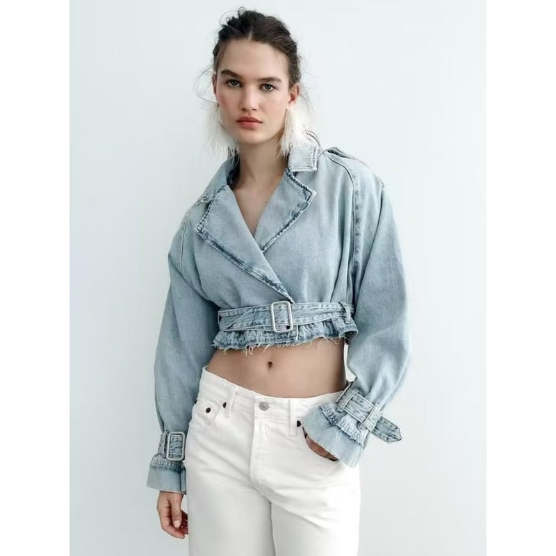 Women Jacket Turndown Collar Sash Denim Denim Jacket Spring Fall