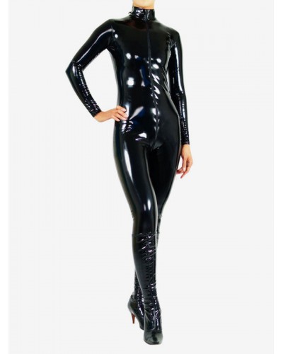 Unisex Catsuit Black PVC Bodysuit With Front Zipper From Neck To Crotch Solid