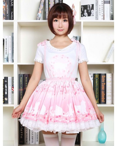 Sweet Lolita Dress SK Pink Lolita Dress The Cat Under The Tree Printed Lace Hem Lolita Skirt Daily Casual