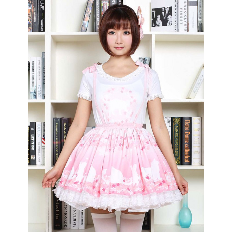 Sweet Lolita Dress SK Pink Lolita Dress The Cat Under The Tree Printed Lace Hem Lolita Skirt Daily Casual