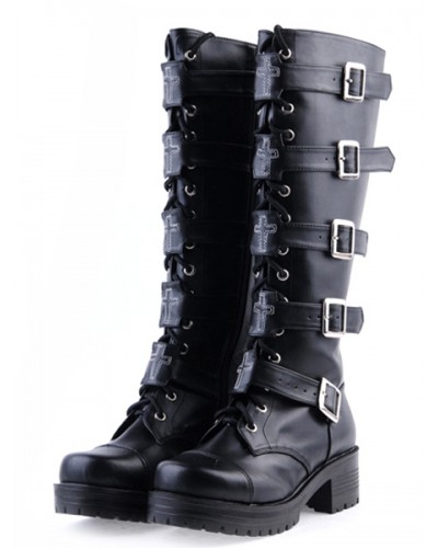 Gothic Black Lolita Boots Square Heels Platform Shoelace Straps Buckles Daily Casual