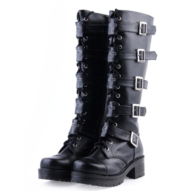 Gothic Black Lolita Boots Square Heels Platform Shoelace Straps Buckles Daily Casual