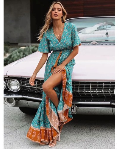 Women Maxi Dress V-Neck Short Sleeves Printed Long Dress Bohemian Spring Summer