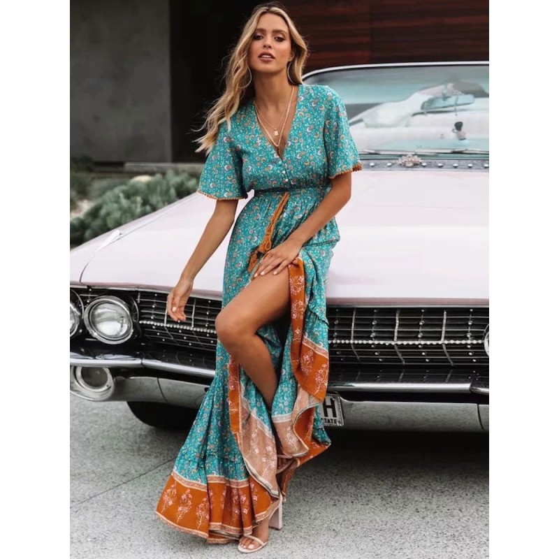 Women Maxi Dress V-Neck Short Sleeves Printed Long Dress Bohemian Spring Summer